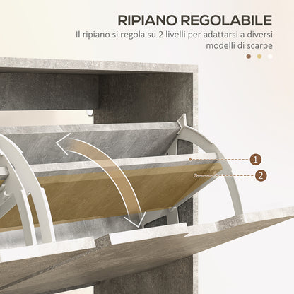 Entryway Shoe Cabinet with 4 Flip Drawers on 2 Levels for 16 Pairs of Shoes, Space-Saving Shoe Cabinet with Adjustable Shelves in Chipboard and Pine Wood, 95x26x95 cm, Gray