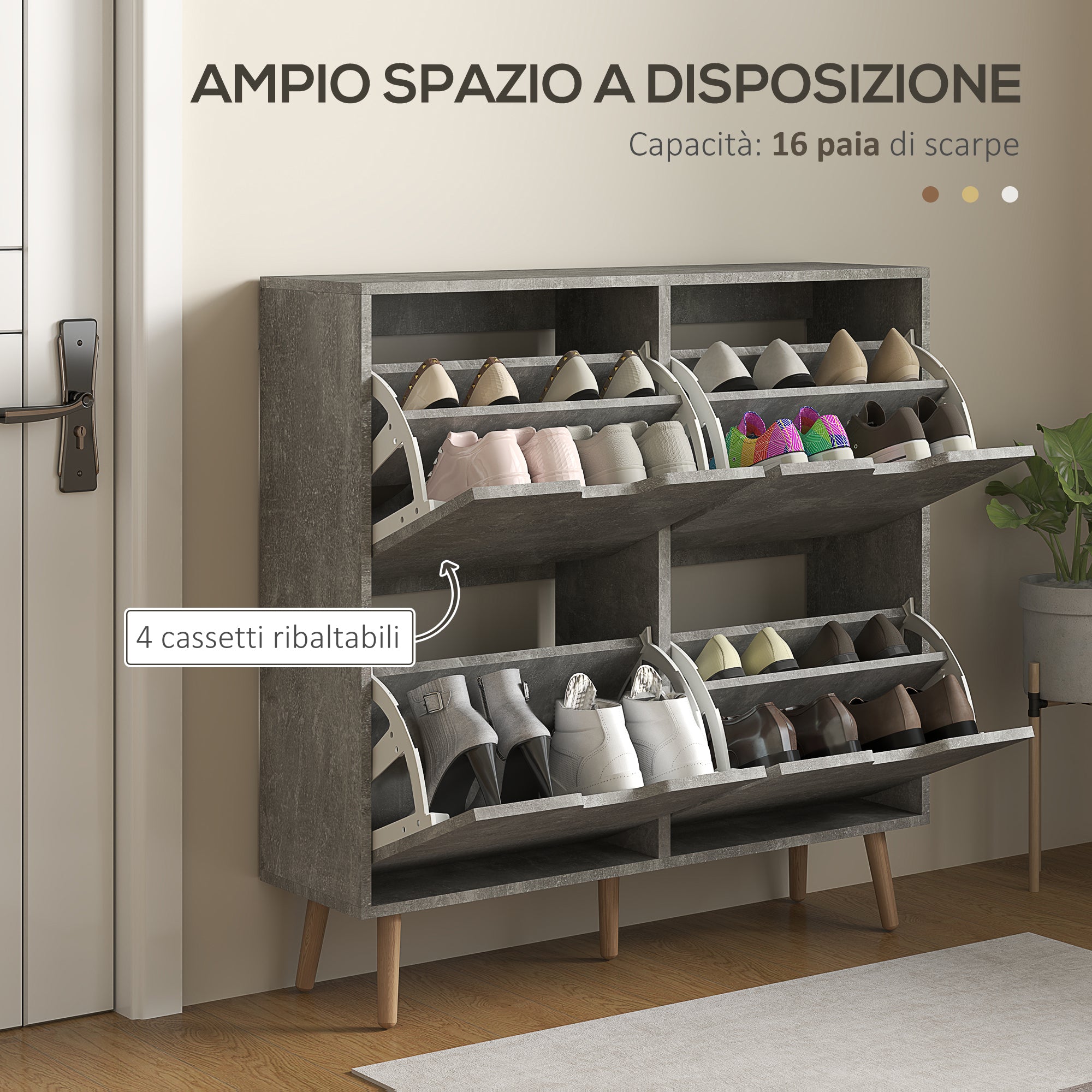 Entryway Shoe Cabinet with 4 Flip Drawers on 2 Levels for 16 Pairs of Shoes, Space-Saving Shoe Cabinet with Adjustable Shelves in Chipboard and Pine Wood, 95x26x95 cm, Gray