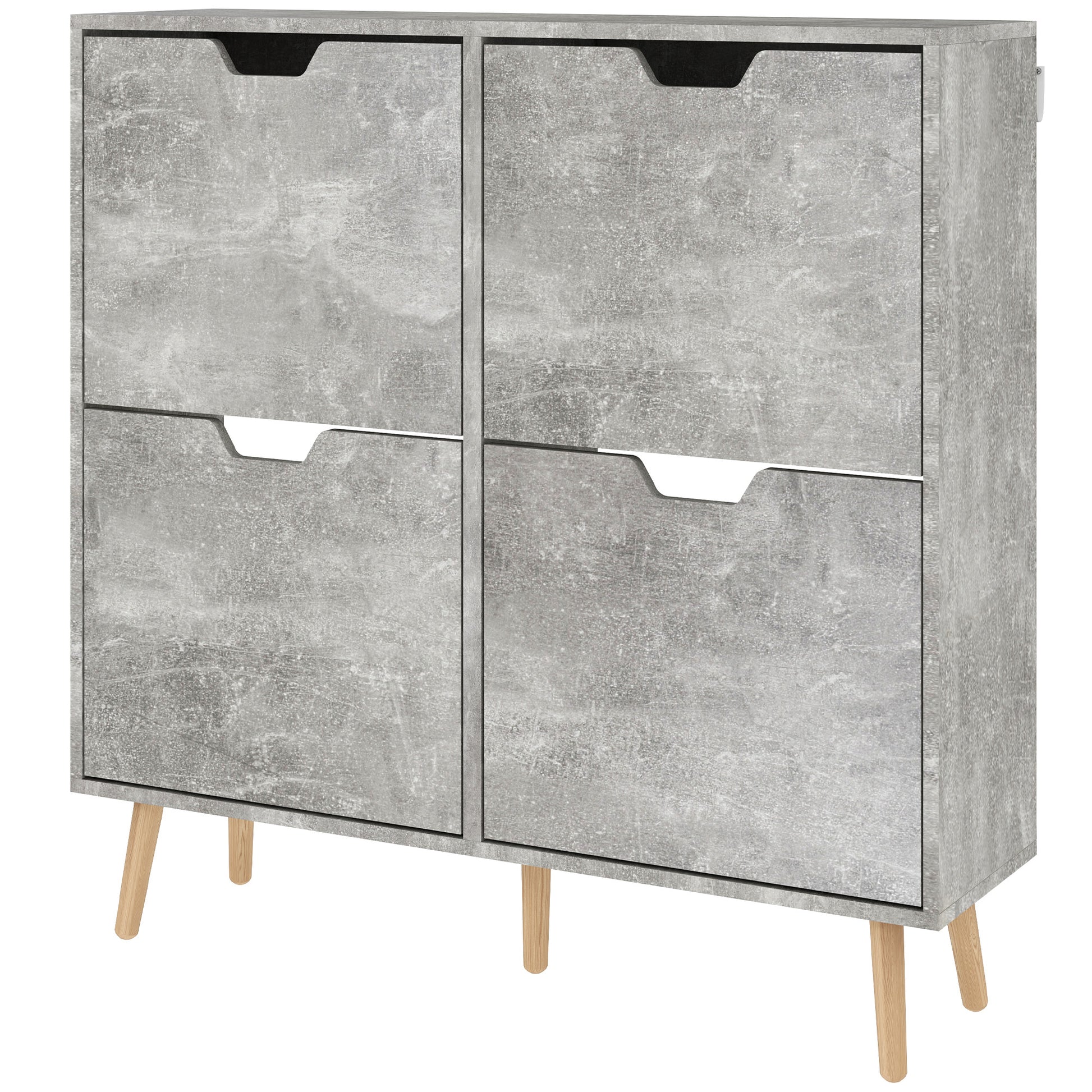 Entryway Shoe Cabinet with 4 Flip Drawers on 2 Levels for 16 Pairs of Shoes, Space-Saving Shoe Cabinet with Adjustable Shelves in Chipboard and Pine Wood, 95x26x95 cm, Gray