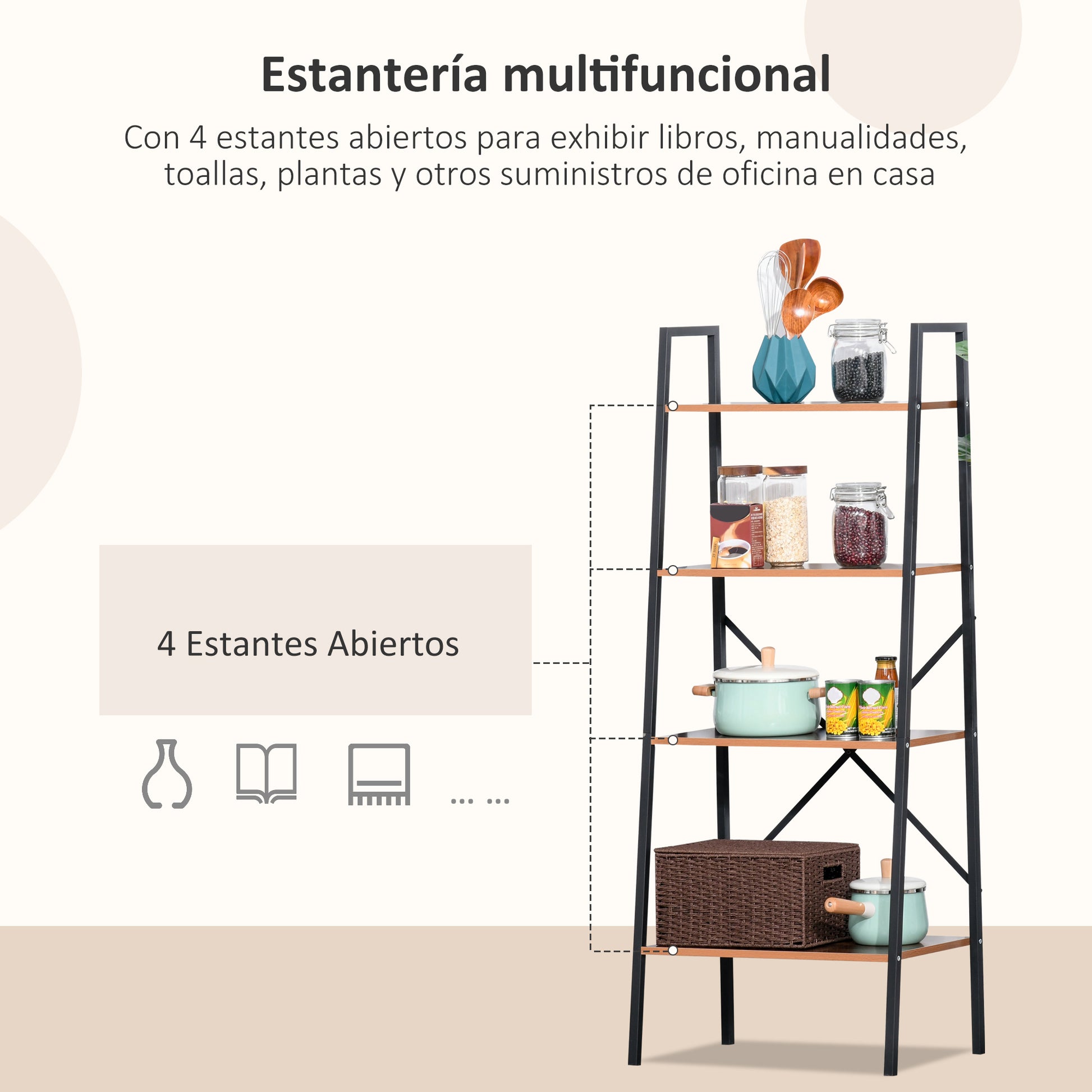 Ladder Shelf Industrial Bookcase with 4 Shelves for Living Room Office Study 60x35x145cm Rustic Brown