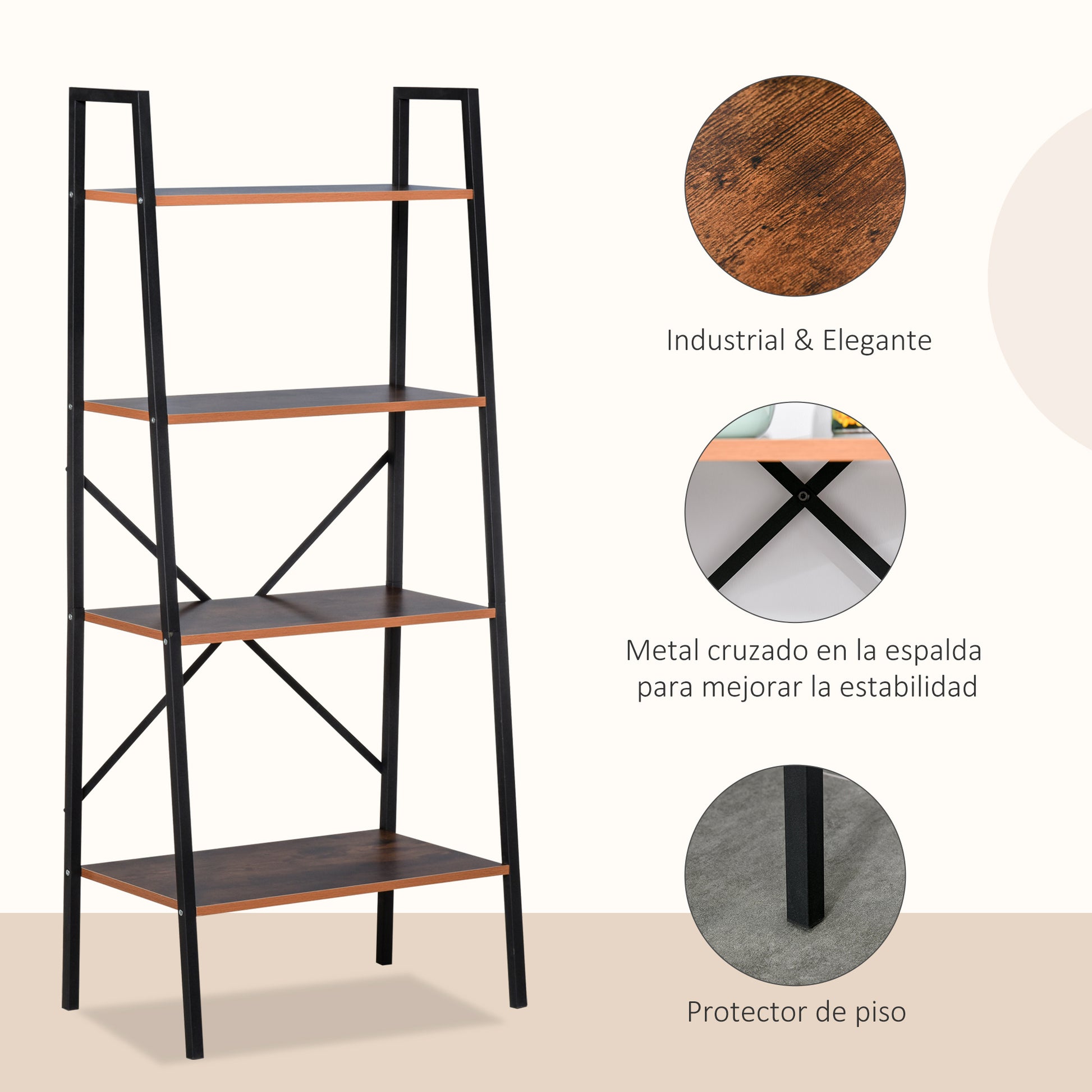 Ladder Shelf Industrial Bookcase with 4 Shelves for Living Room Office Study 60x35x145cm Rustic Brown