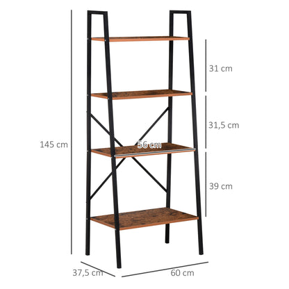 Ladder Shelf Industrial Bookcase with 4 Shelves for Living Room Office Study 60x35x145cm Rustic Brown
