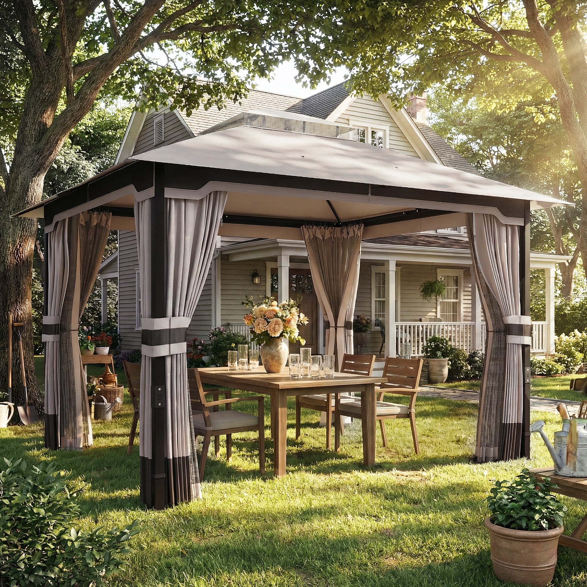 Metal Garden Gazebo 11.8 x 9.8 ft (3.6 x 3.0 m) – Water-Resistant, Stable & Winter-Ready with Double Roof, Mosquito Net, Side Curtains, Drainage Holes — Khaki