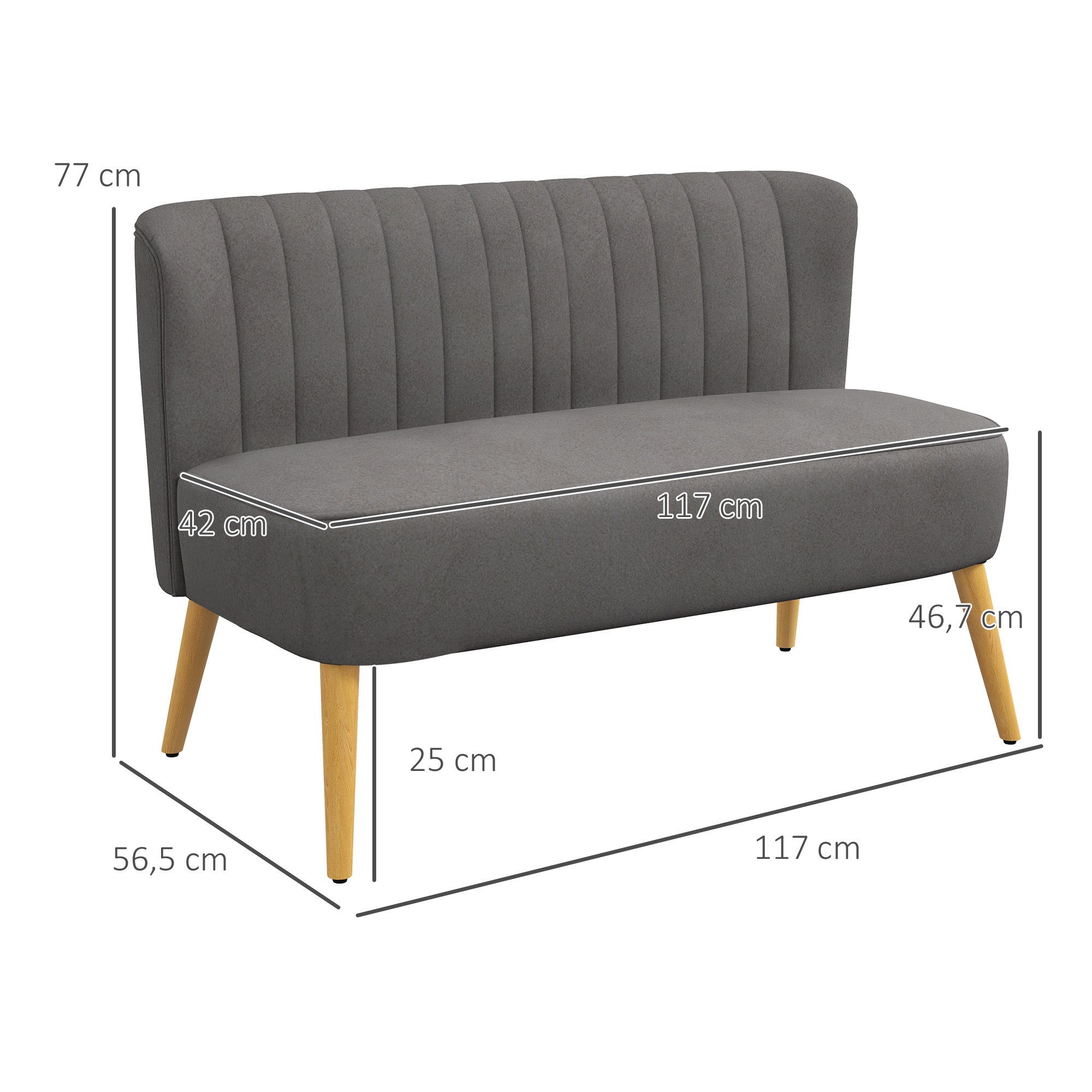 2-Seater Fabric Sofa Upholstered Double Sofa Lounge Furniture Wooden Velvet-Like Polyester Foam Dark Gray 117 x 56.5 x 77 cm