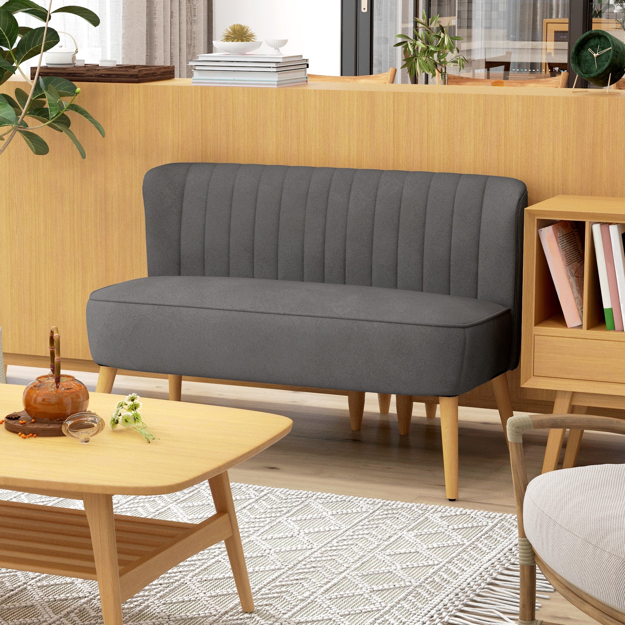 2-Seater Fabric Sofa Upholstered Double Sofa Lounge Furniture Wooden Velvet-Like Polyester Foam Dark Gray 117 x 56.5 x 77 cm