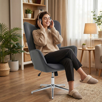 Velvet Accent Swivel Chair — Padded, Height-Adjustable with Armrests, Rocking Function, Dark Gray