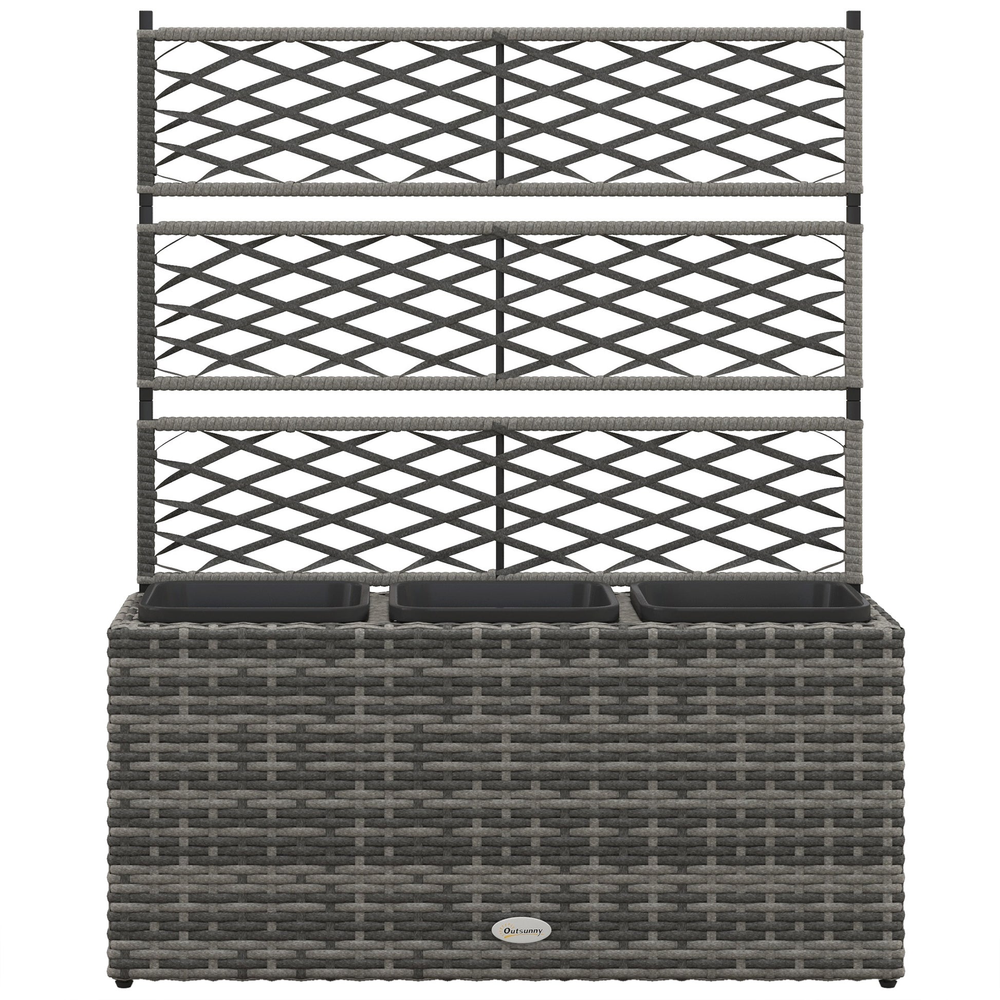 Planter for plants with trellis 3 pot planters flower box 33L garden balcony patio terrace outdoor in woven resin and steel 84 x 30 x 107 cm gray black