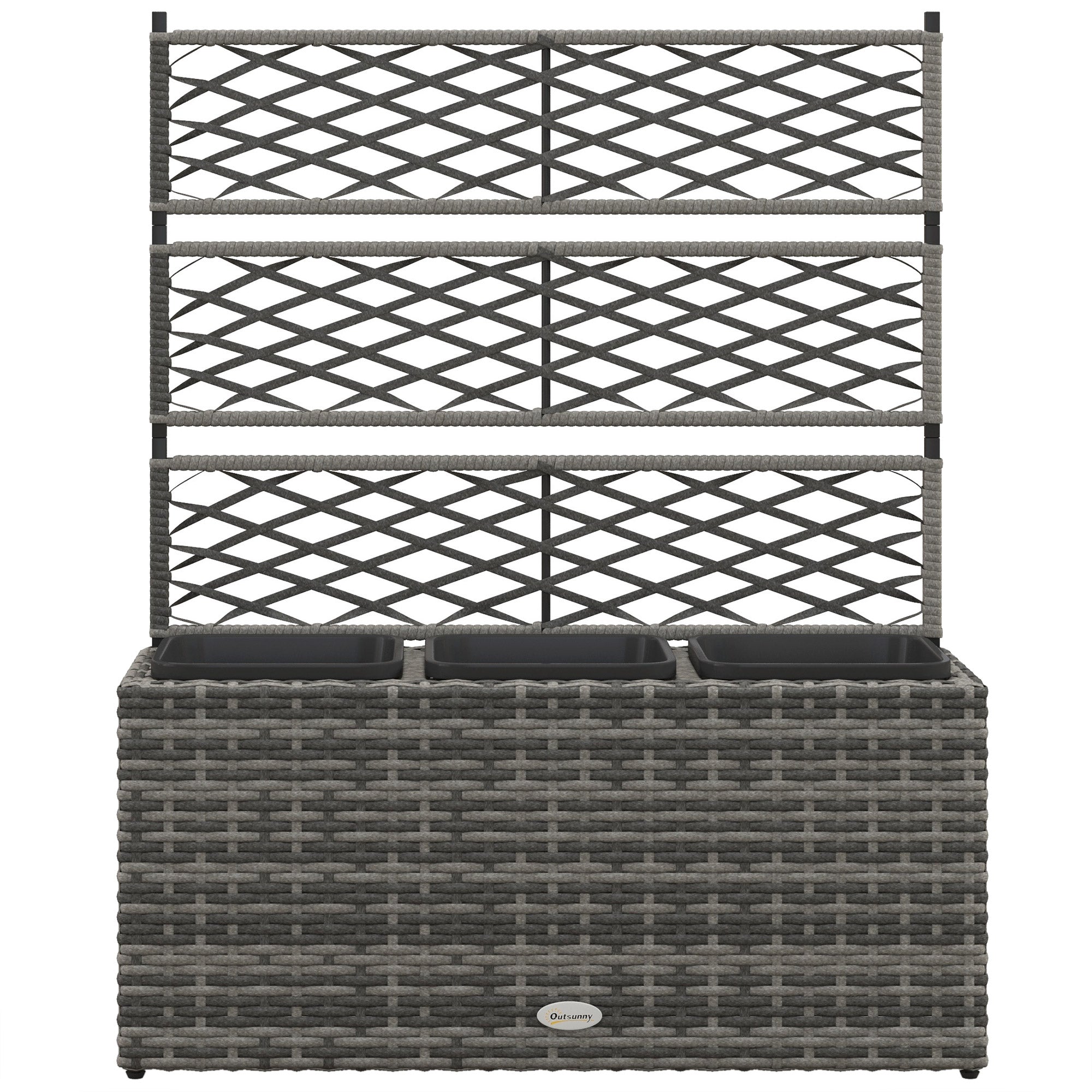 Planter for plants with trellis 3 pot planters flower box 33L garden balcony patio terrace outdoor in woven resin and steel 84 x 30 x 107 cm gray black