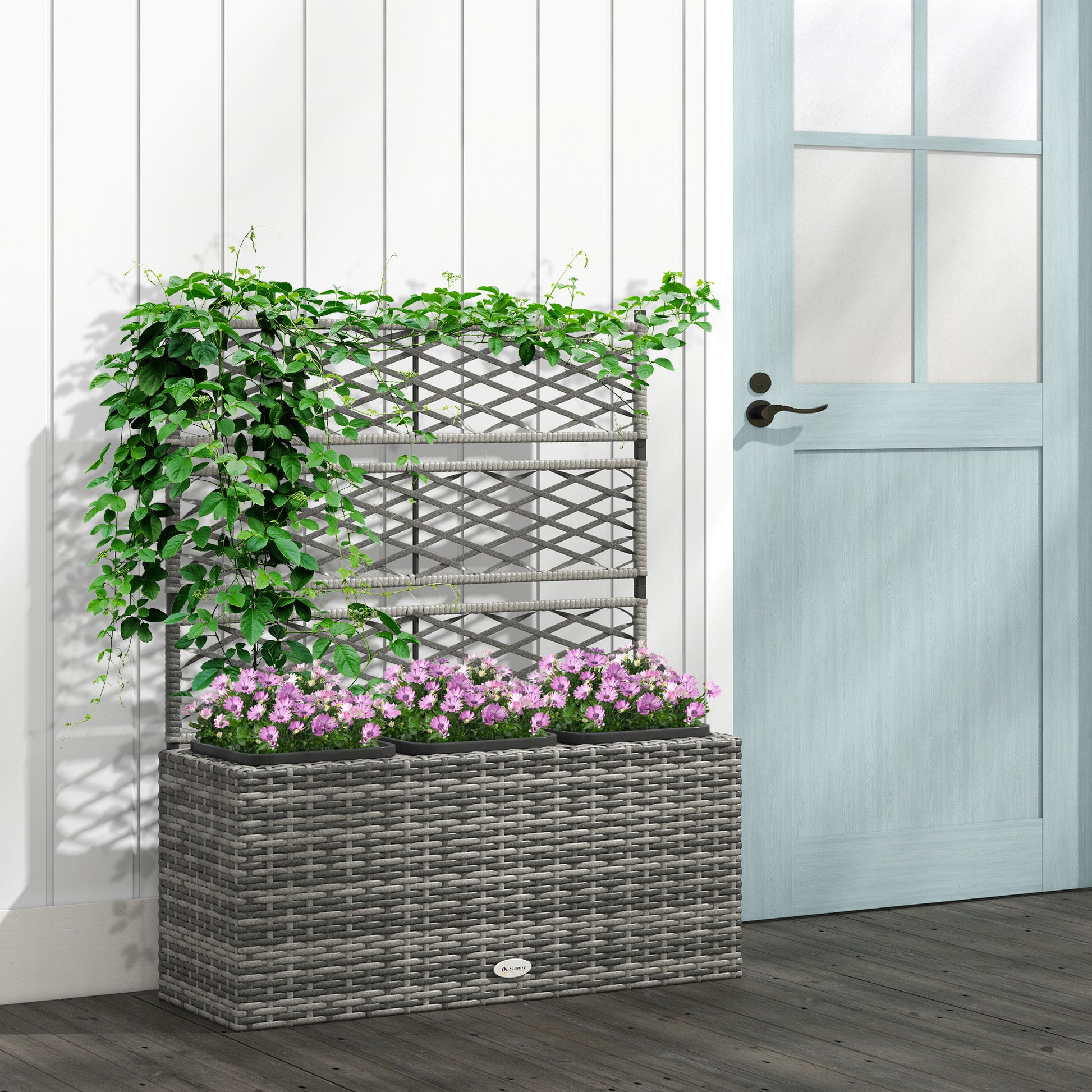 Planter for plants with trellis 3 pot planters flower box 33L garden balcony patio terrace outdoor in woven resin and steel 84 x 30 x 107 cm gray black