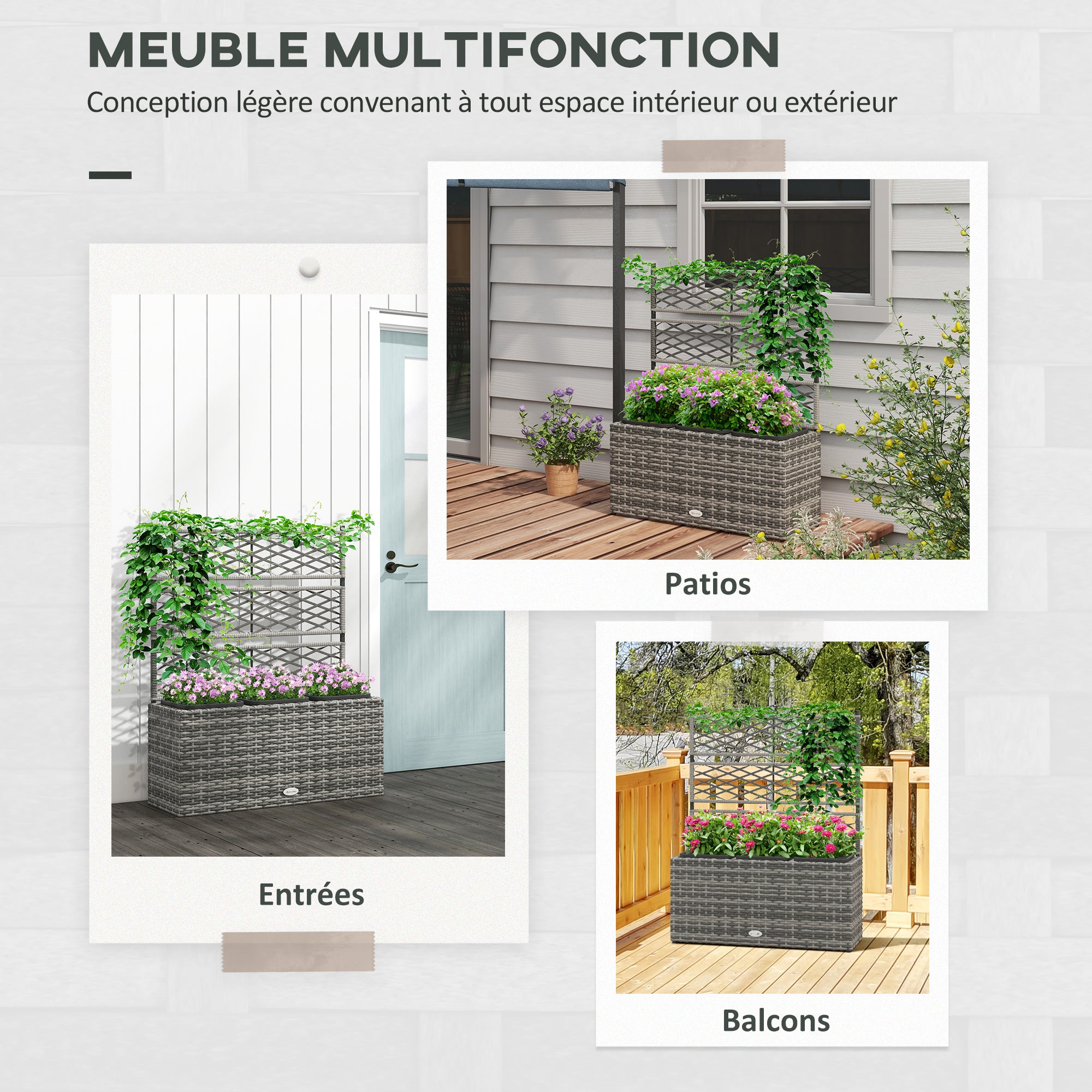 Planter for plants with trellis 3 pot planters flower box 33L garden balcony patio terrace outdoor in woven resin and steel 84 x 30 x 107 cm gray black