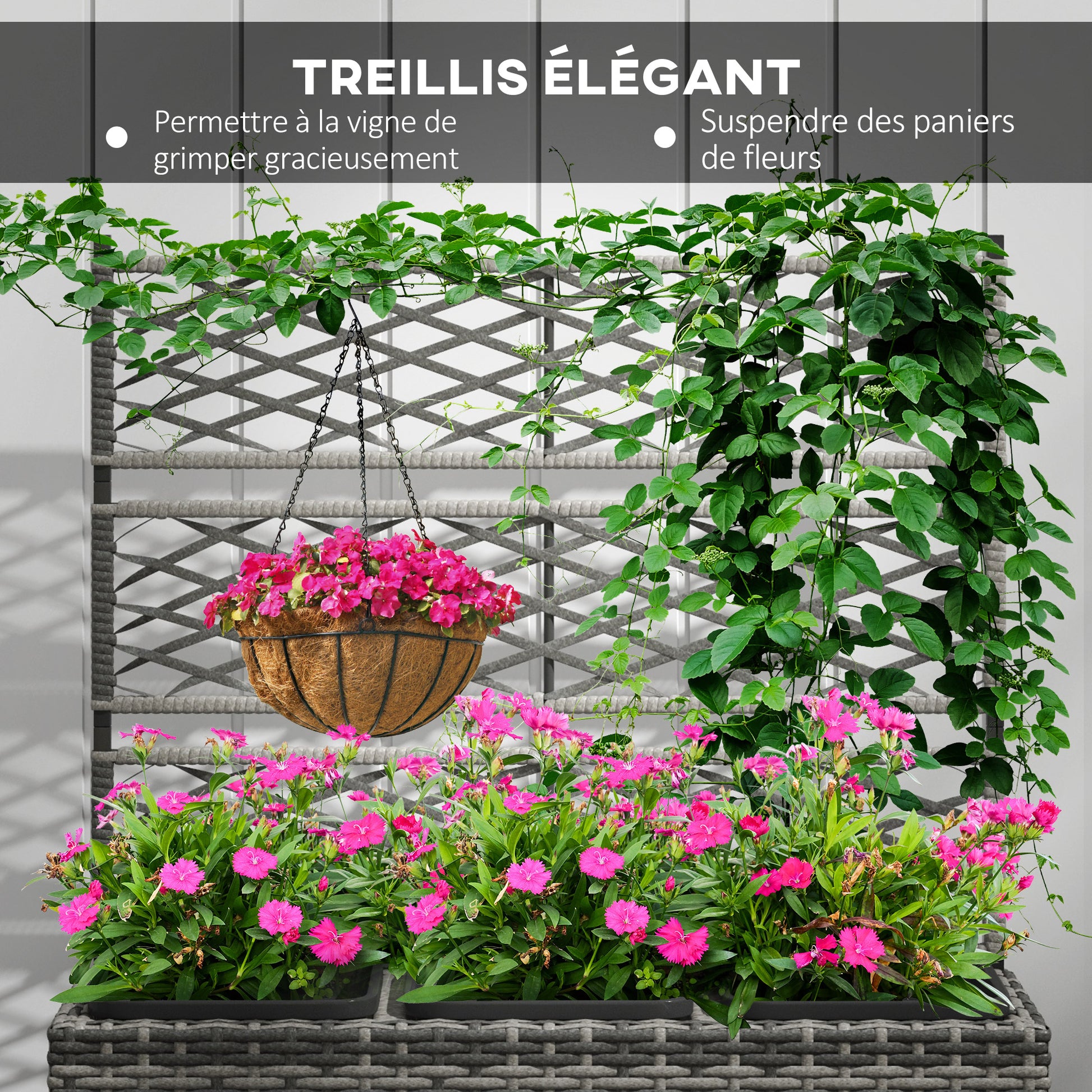 Planter for plants with trellis 3 pot planters flower box 33L garden balcony patio terrace outdoor in woven resin and steel 84 x 30 x 107 cm gray black
