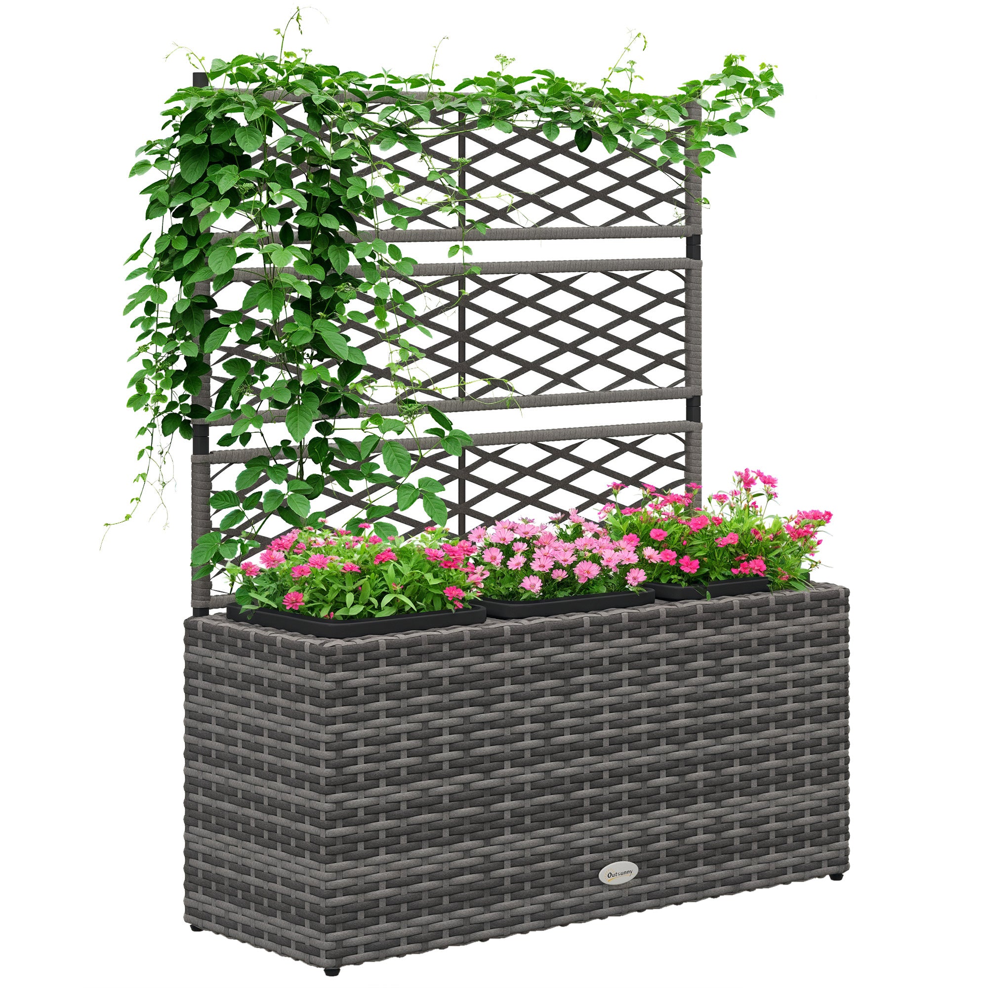 Planter for plants with trellis 3 pot planters flower box 33L garden balcony patio terrace outdoor in woven resin and steel 84 x 30 x 107 cm gray black