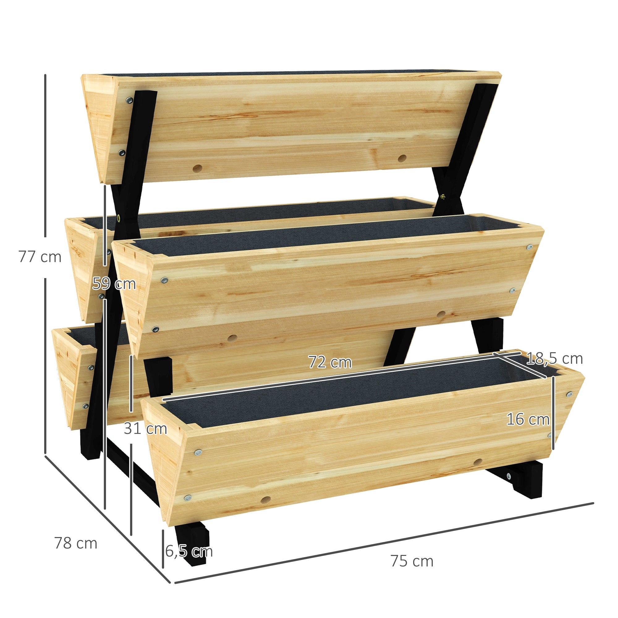 Square Raised Planter on Legs 3 levels 5 bins - dim. 75L x 78W x 77H cm Irrigation Inserts Drainage Felt Fir Wood