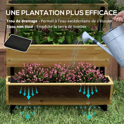 Square Raised Planter on Legs 3 levels 5 bins - dim. 75L x 78W x 77H cm Irrigation Inserts Drainage Felt Fir Wood