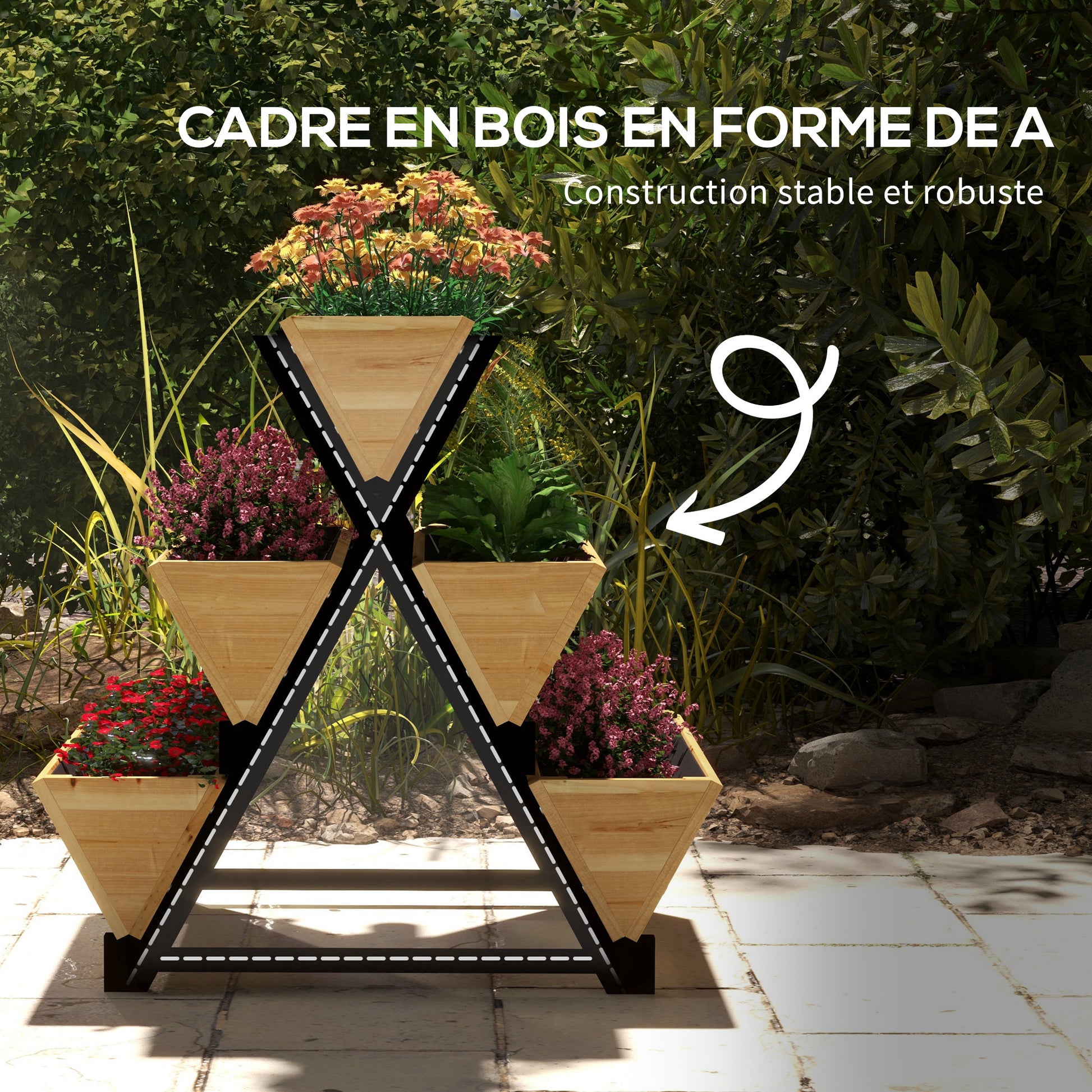 Square Raised Planter on Legs 3 levels 5 bins - dim. 75L x 78W x 77H cm Irrigation Inserts Drainage Felt Fir Wood