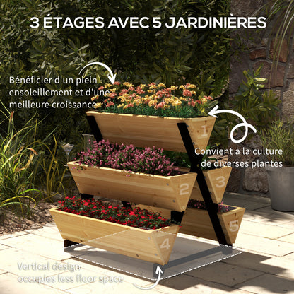 Square Raised Planter on Legs 3 levels 5 bins - dim. 75L x 78W x 77H cm Irrigation Inserts Drainage Felt Fir Wood
