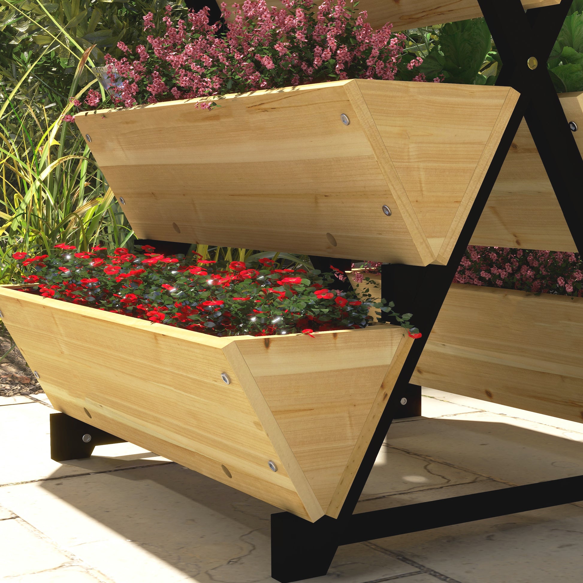 Square Raised Planter on Legs 3 levels 5 bins - dim. 75L x 78W x 77H cm Irrigation Inserts Drainage Felt Fir Wood