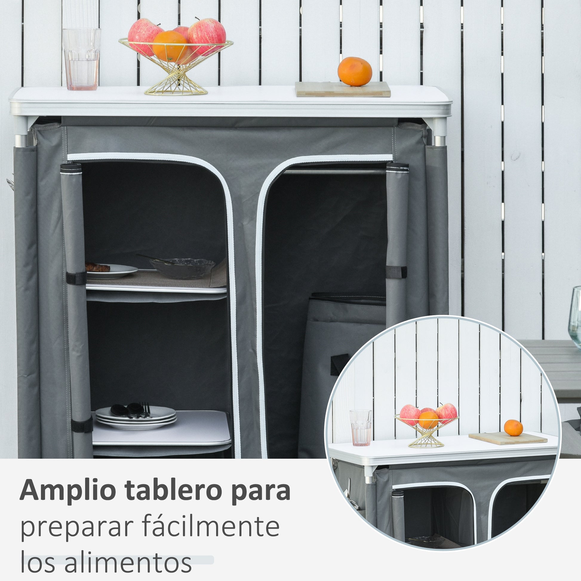 Folding Camping Cabinet Kitchen Furniture for Camping with 3 Shelves Zipper Door Compartment Aluminum Structure and Transport Bag for Outdoor 96x49.5x104 cm Gray