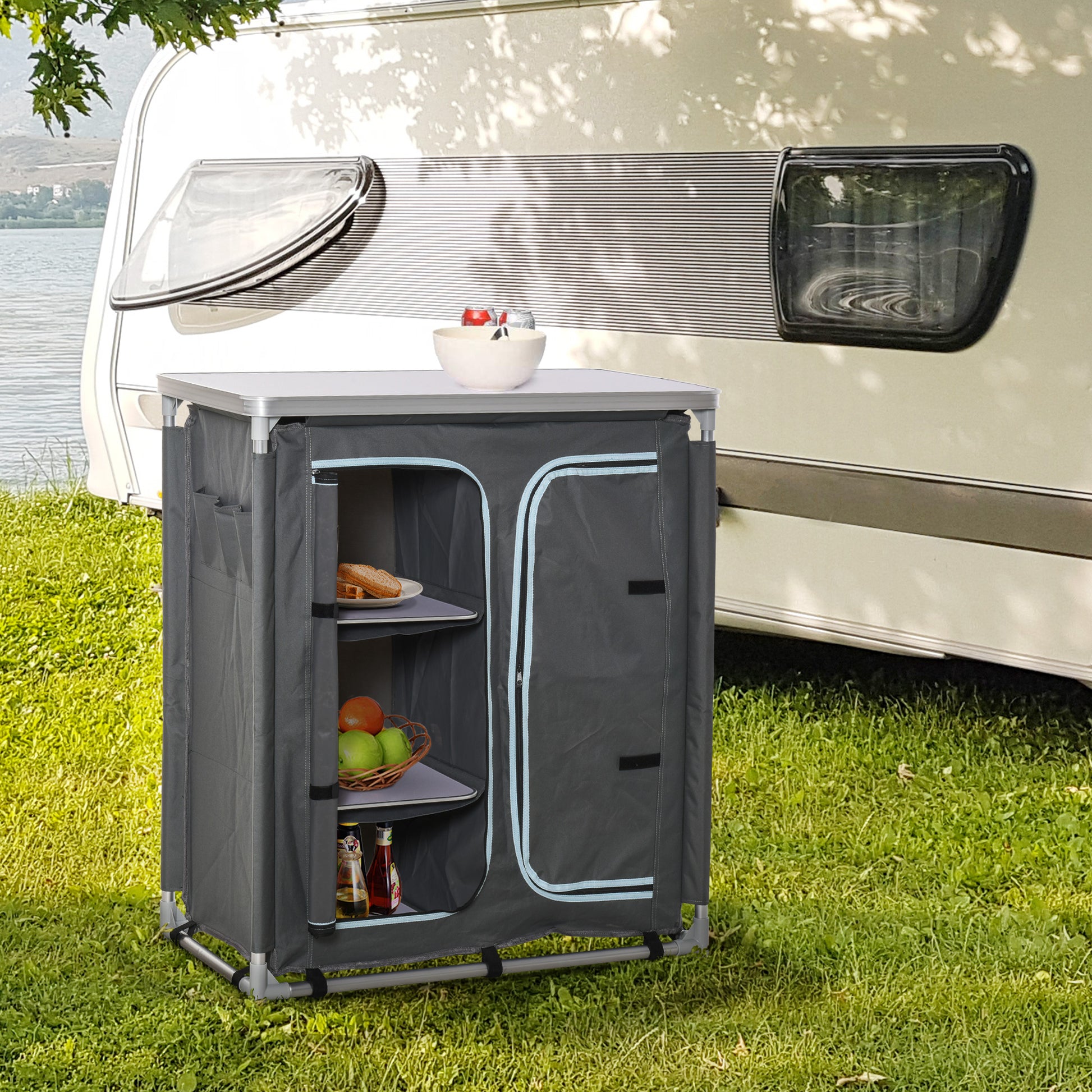 Folding Camping Cabinet Kitchen Furniture for Camping with 3 Shelves Zipper Door Compartment Aluminum Structure and Transport Bag for Outdoor 96x49.5x104 cm Gray