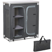 Folding Camping Cabinet Kitchen Furniture for Camping with 3 Shelves Zipper Door Compartment Aluminum Structure and Transport Bag for Outdoor 96x49.5x104 cm Gray