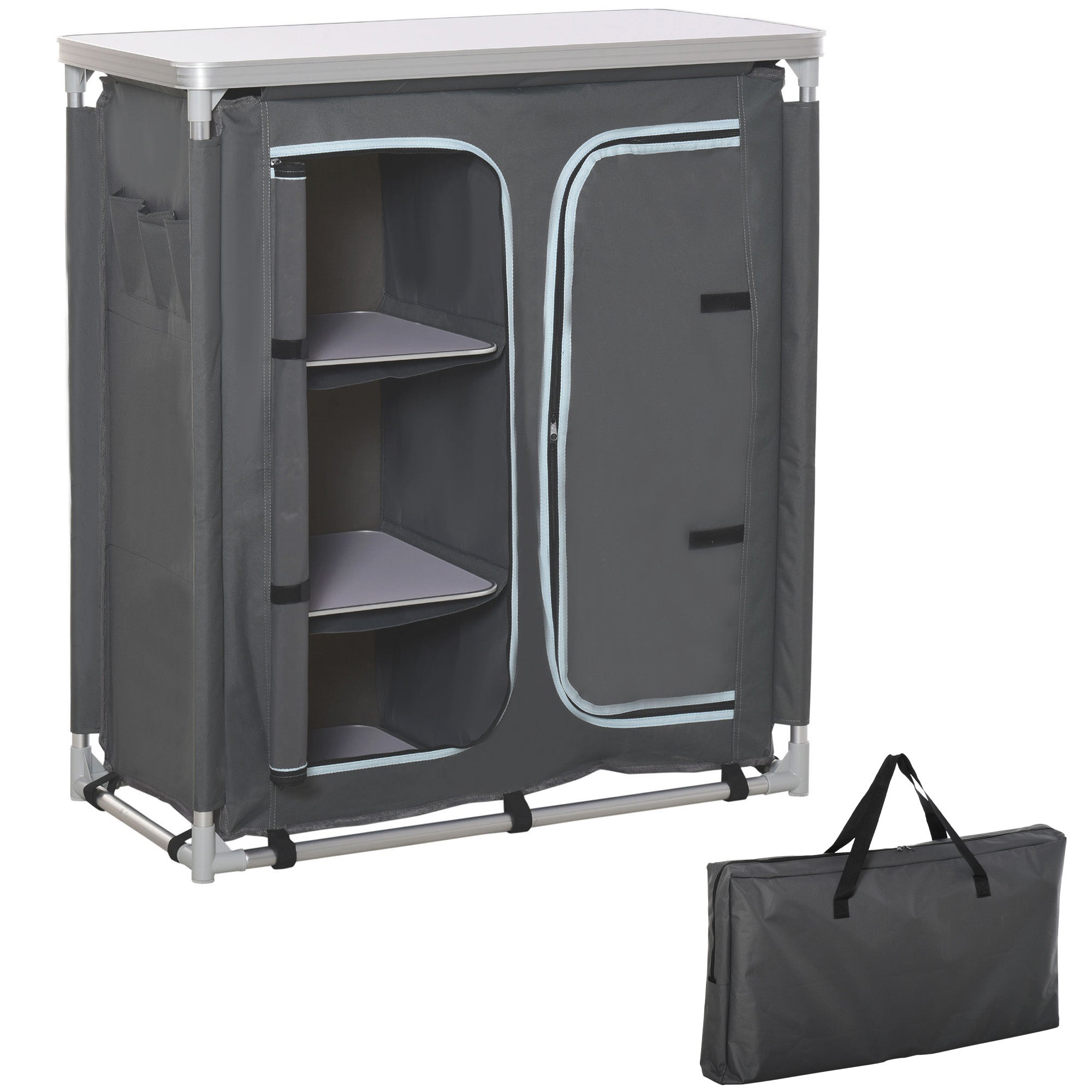 Folding Camping Cabinet Kitchen Furniture for Camping with 3 Shelves Zipper Door Compartment Aluminum Structure and Transport Bag for Outdoor 96x49.5x104 cm Gray