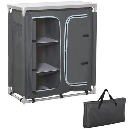 Folding Camping Cabinet Kitchen Furniture for Camping with 3 Shelves Zipper Door Compartment Aluminum Structure and Transport Bag for Outdoor 96x49.5x104 cm Gray