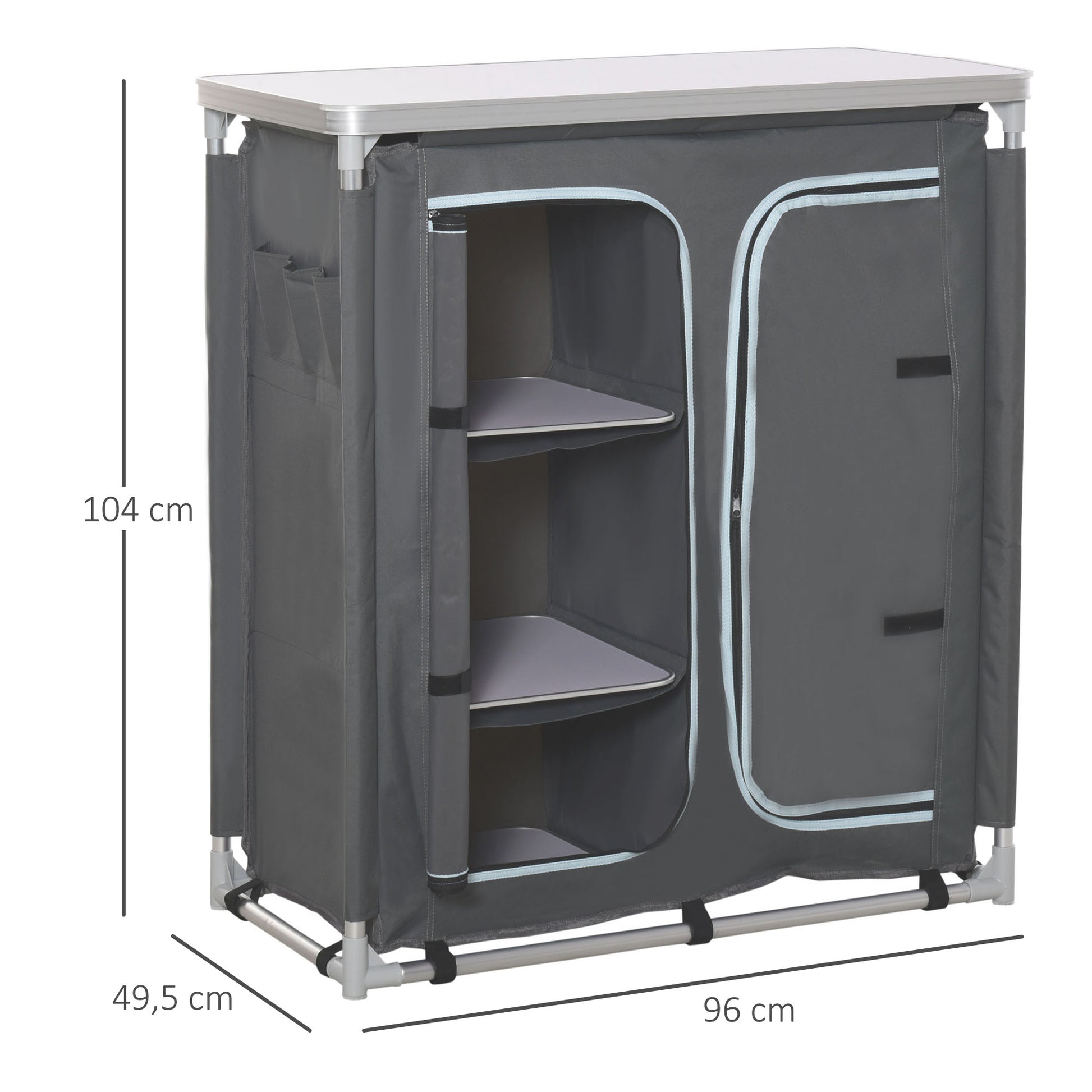 Folding Camping Cabinet Kitchen Furniture for Camping with 3 Shelves Zipper Door Compartment Aluminum Structure and Transport Bag for Outdoor 96x49.5x104 cm Gray