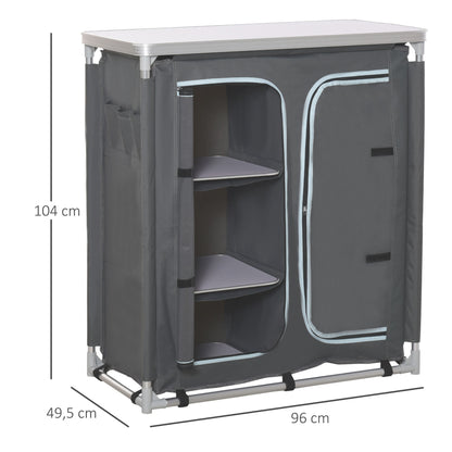 Folding Camping Cabinet Kitchen Furniture for Camping with 3 Shelves Zipper Door Compartment Aluminum Structure and Transport Bag for Outdoor 96x49.5x104 cm Gray