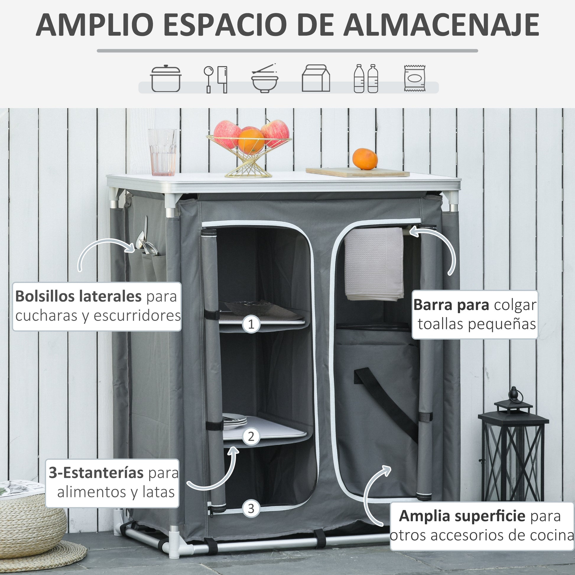 Folding Camping Cabinet Kitchen Furniture for Camping with 3 Shelves Zipper Door Compartment Aluminum Structure and Transport Bag for Outdoor 96x49.5x104 cm Gray