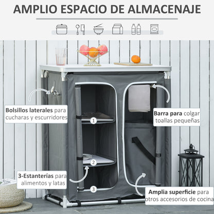 Folding Camping Cabinet Kitchen Furniture for Camping with 3 Shelves Zipper Door Compartment Aluminum Structure and Transport Bag for Outdoor 96x49.5x104 cm Gray
