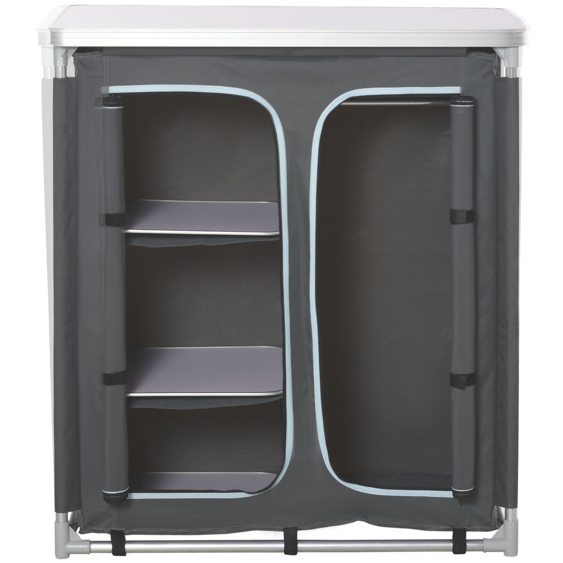 Folding Camping Cabinet Kitchen Furniture for Camping with 3 Shelves Zipper Door Compartment Aluminum Structure and Transport Bag for Outdoor 96x49.5x104 cm Gray
