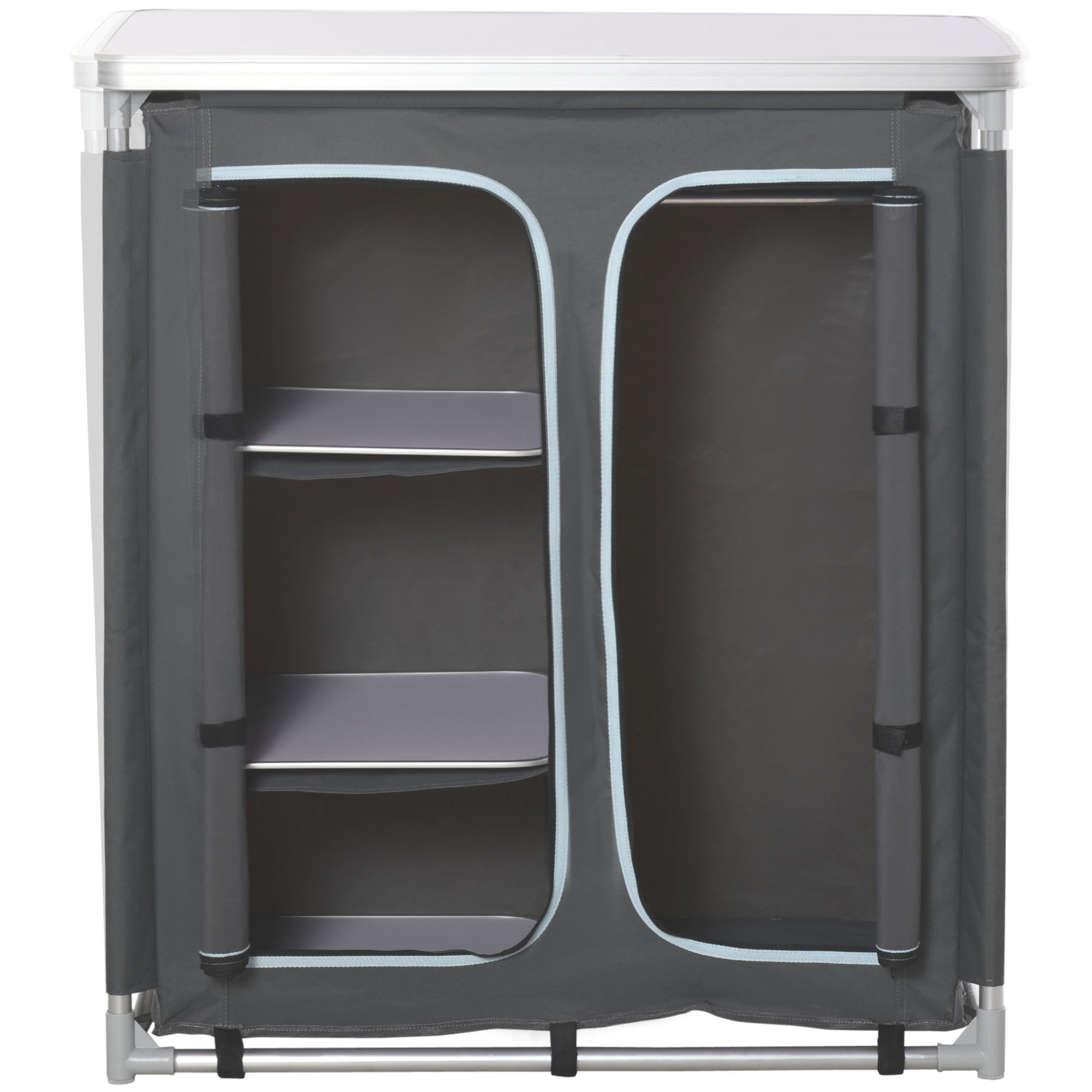 Folding Camping Cabinet Kitchen Furniture for Camping with 3 Shelves Zipper Door Compartment Aluminum Structure and Transport Bag for Outdoor 96x49.5x104 cm Gray