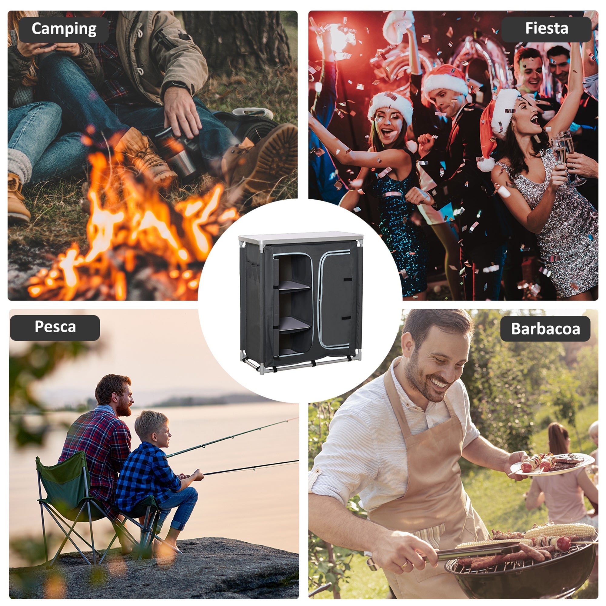 Folding Camping Cabinet Kitchen Furniture for Camping with 3 Shelves Zipper Door Compartment Aluminum Structure and Transport Bag for Outdoor 96x49.5x104 cm Gray