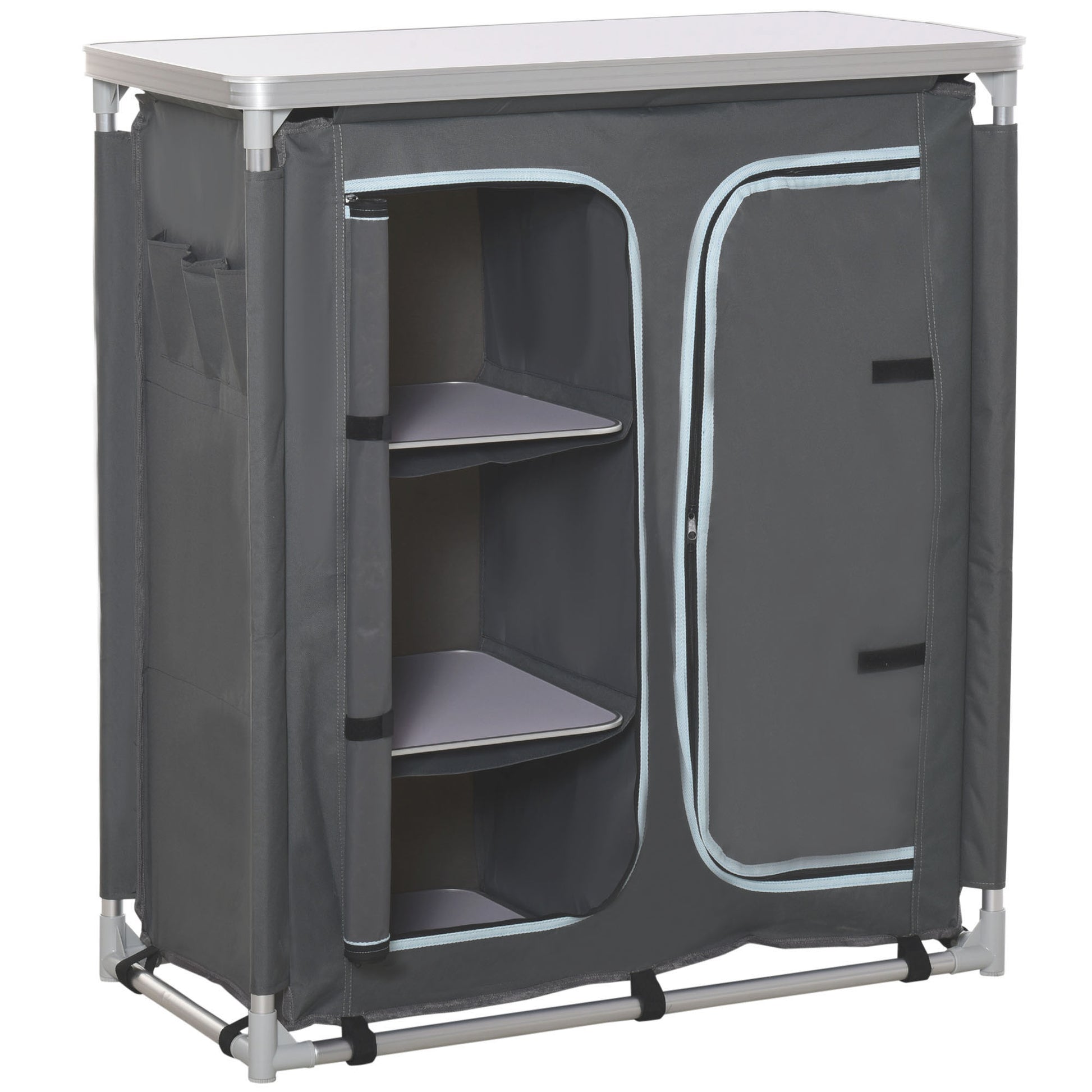 Folding Camping Cabinet Kitchen Furniture for Camping with 3 Shelves Zipper Door Compartment Aluminum Structure and Transport Bag for Outdoor 96x49.5x104 cm Gray