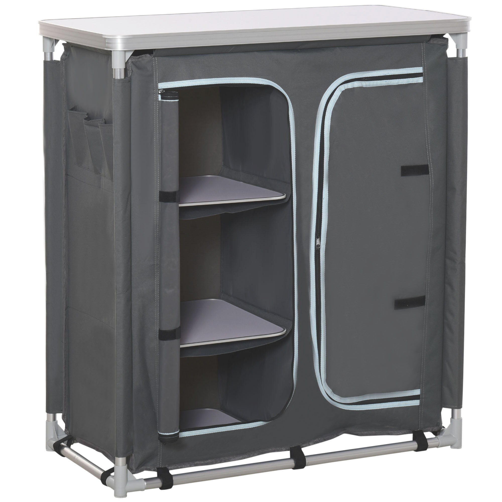 Folding Camping Cabinet Kitchen Furniture for Camping with 3 Shelves Zipper Door Compartment Aluminum Structure and Transport Bag for Outdoor 96x49.5x104 cm Gray
