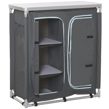 Folding Camping Cabinet Kitchen Furniture for Camping with 3 Shelves Zipper Door Compartment Aluminum Structure and Transport Bag for Outdoor 96x49.5x104 cm Gray