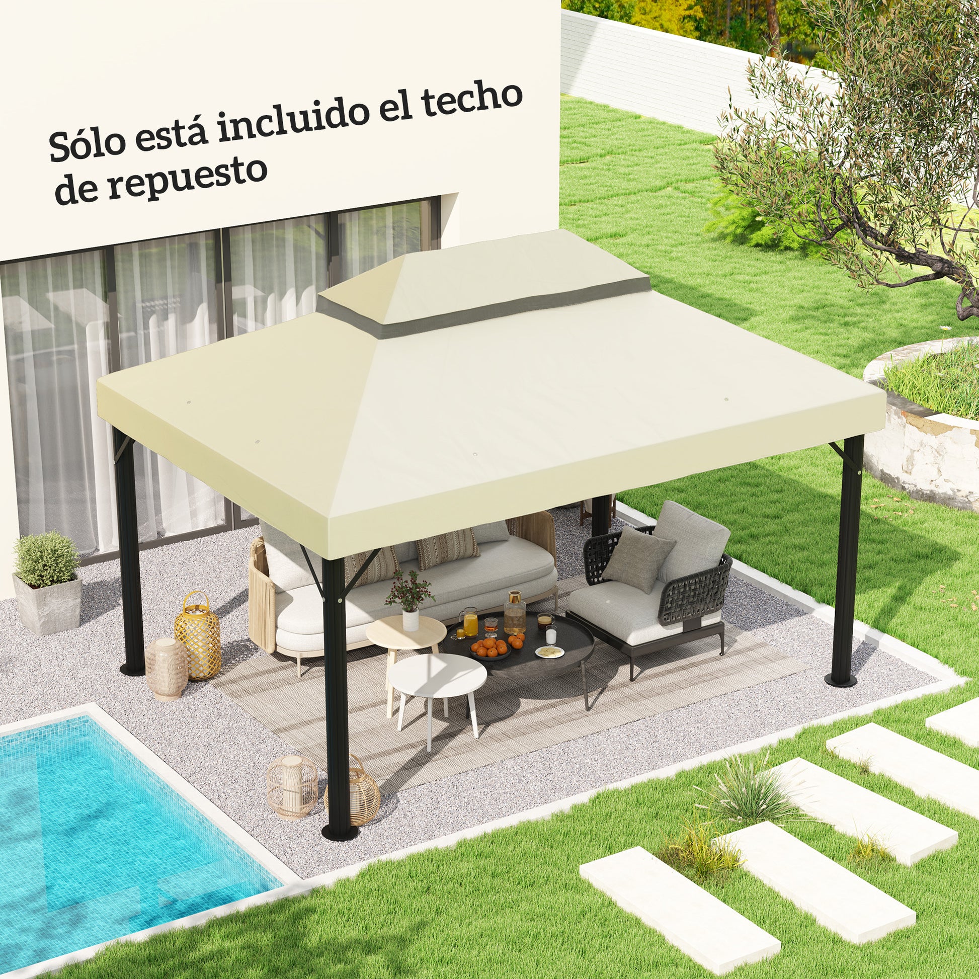 Replacement Roof for Gazebo 4x3 m Double Roof Replacement Cover with Mosquito Net UV 30+ Replacement Canopy for Pavilion Gazebo Cream