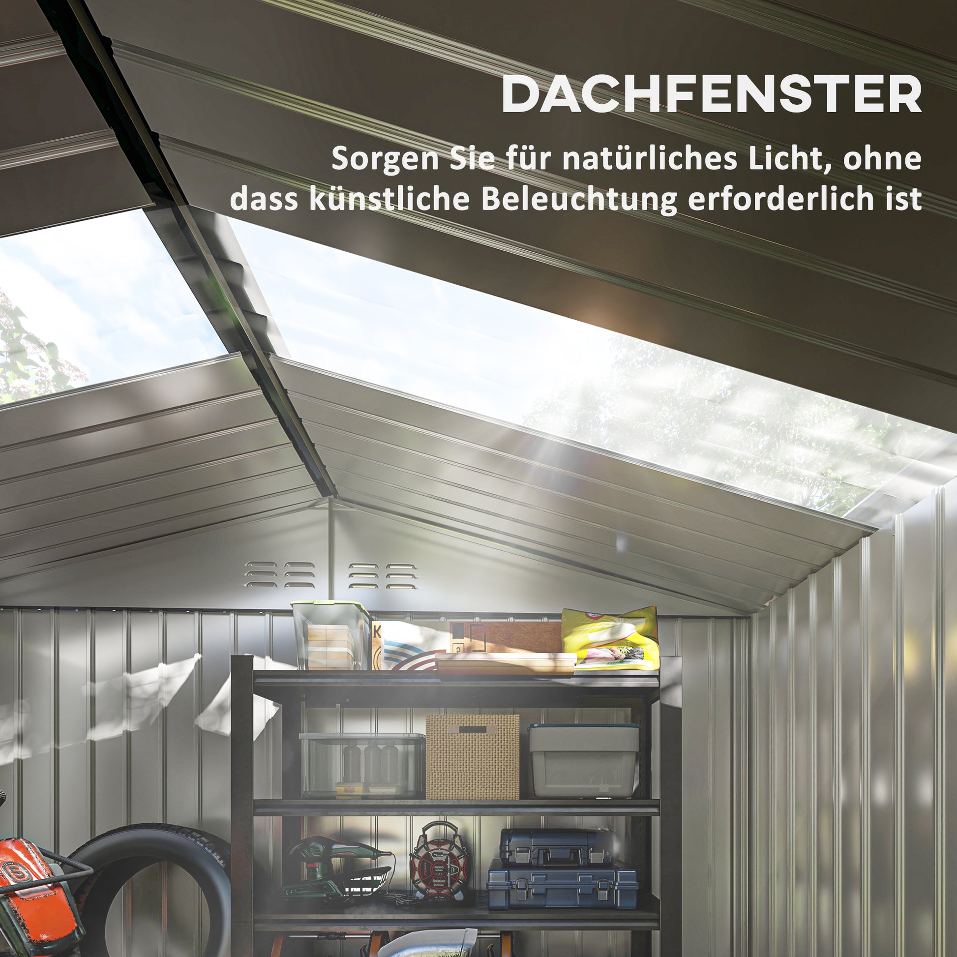 Storage Shed 4.9 sqm, Garden Shed with Pent Roof, Sliding Door, Foundation, 277 x 195 x 192 cm, Tool Shed made of Galvanized Steel, Weatherproof, for Garden, Dark Gray