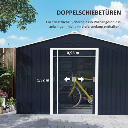 Storage Shed 4.9 sqm, Garden Shed with Pent Roof, Sliding Door, Foundation, 277 x 195 x 192 cm, Tool Shed made of Galvanized Steel, Weatherproof, for Garden, Dark Gray
