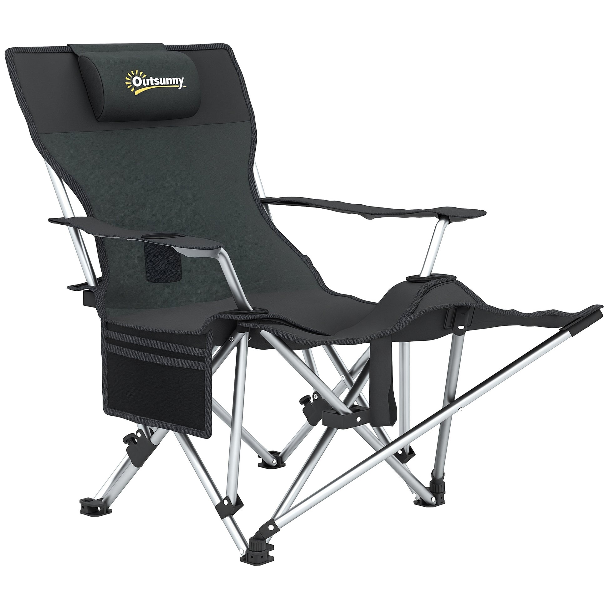 Folding Camping Chair, Fishing Chair with Removable Footrest, Headrest, Cup Holder, and Carry Bag, Lounge Chair for Outdoor Beach, Picnic, Black