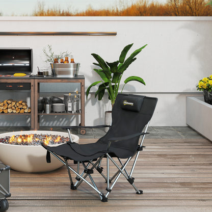 Folding Camping Chair, Fishing Chair with Removable Footrest, Headrest, Cup Holder, and Carry Bag, Lounge Chair for Outdoor Beach, Picnic, Black