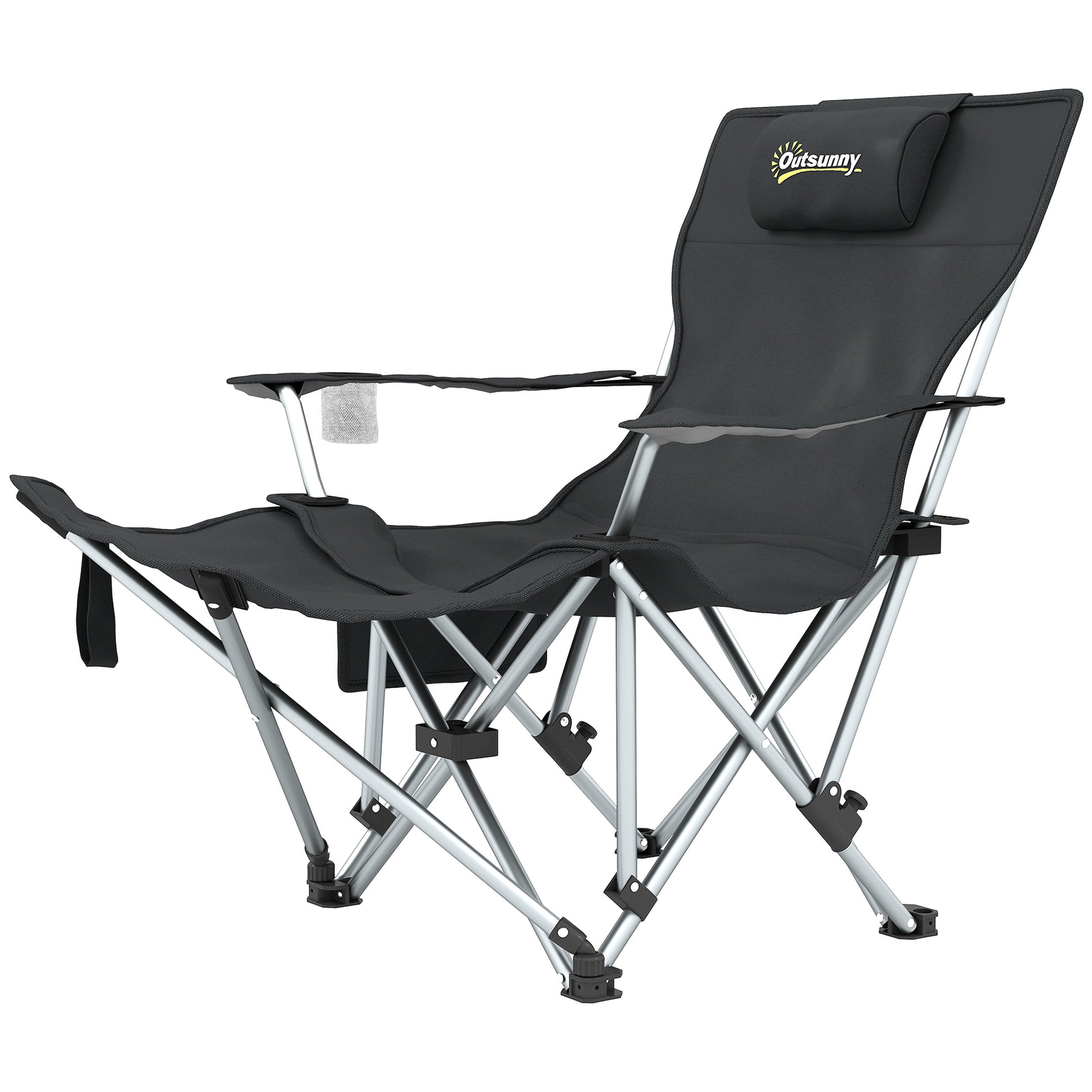 Folding Camping Chair, Fishing Chair with Removable Footrest, Headrest, Cup Holder, and Carry Bag, Lounge Chair for Outdoor Beach, Picnic, Black