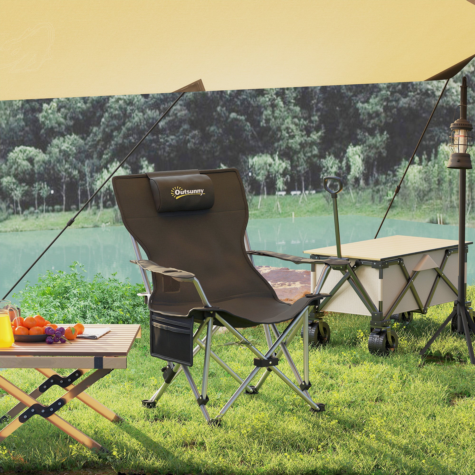 Folding Camping Chair, Fishing Chair with Removable Footrest, Headrest, Cup Holder, and Carry Bag, Lounge Chair for Outdoor Beach, Picnic, Black
