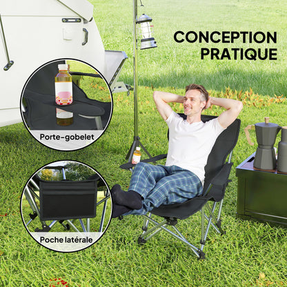 Folding Camping Chair, Fishing Chair with Removable Footrest, Headrest, Cup Holder, and Carry Bag, Lounge Chair for Outdoor Beach, Picnic, Black