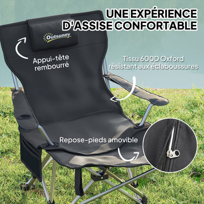 Folding Camping Chair, Fishing Chair with Removable Footrest, Headrest, Cup Holder, and Carry Bag, Lounge Chair for Outdoor Beach, Picnic, Black