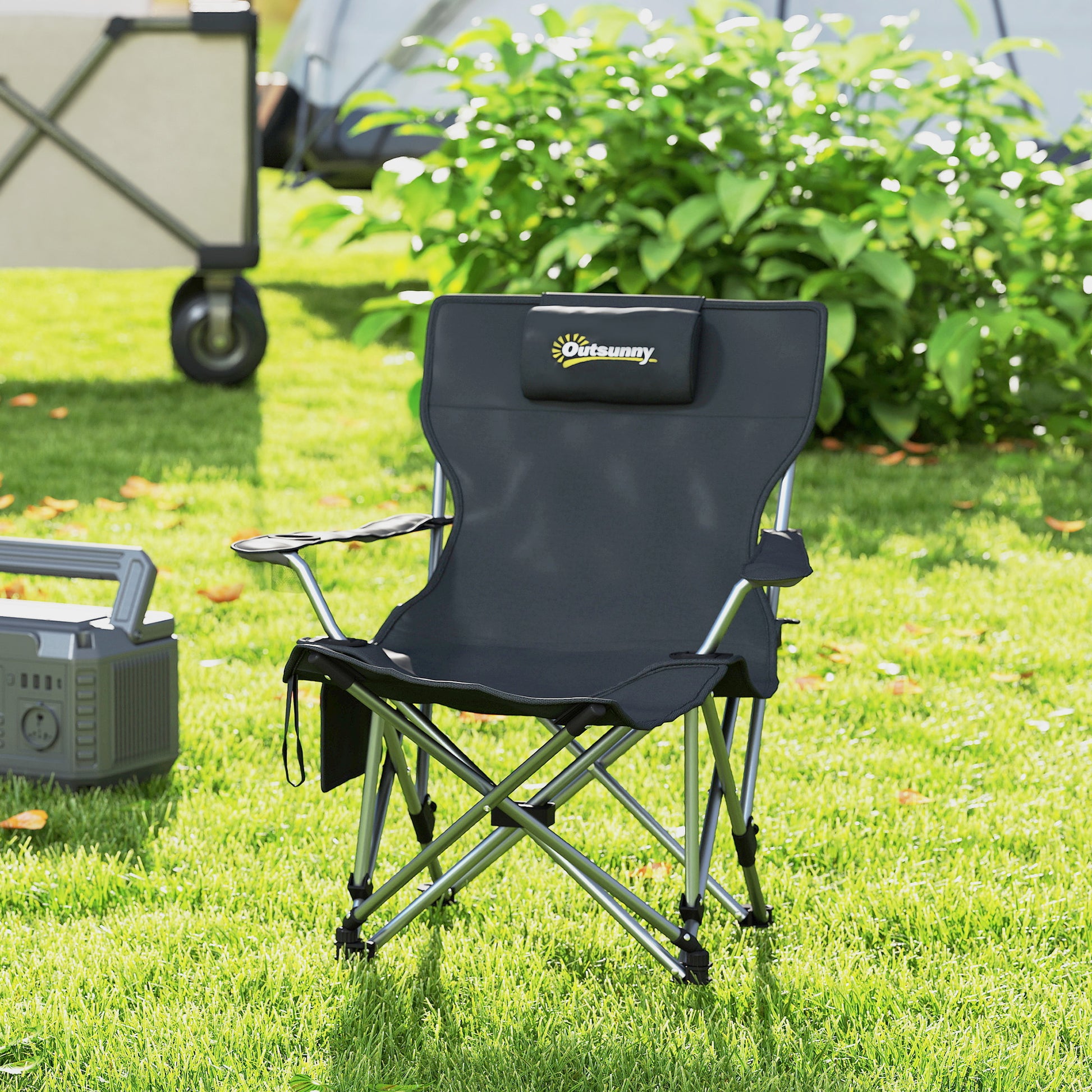 Folding Camping Chair, Fishing Chair with Removable Footrest, Headrest, Cup Holder, and Carry Bag, Lounge Chair for Outdoor Beach, Picnic, Black