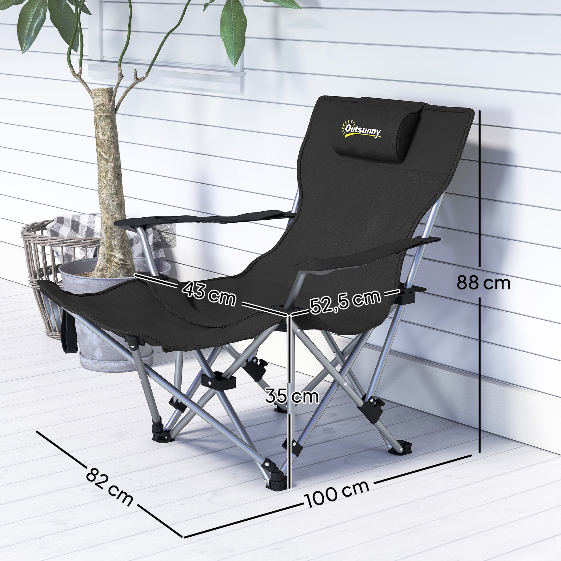 Folding Camping Chair, Fishing Chair with Removable Footrest, Headrest, Cup Holder, and Carry Bag, Lounge Chair for Outdoor Beach, Picnic, Black