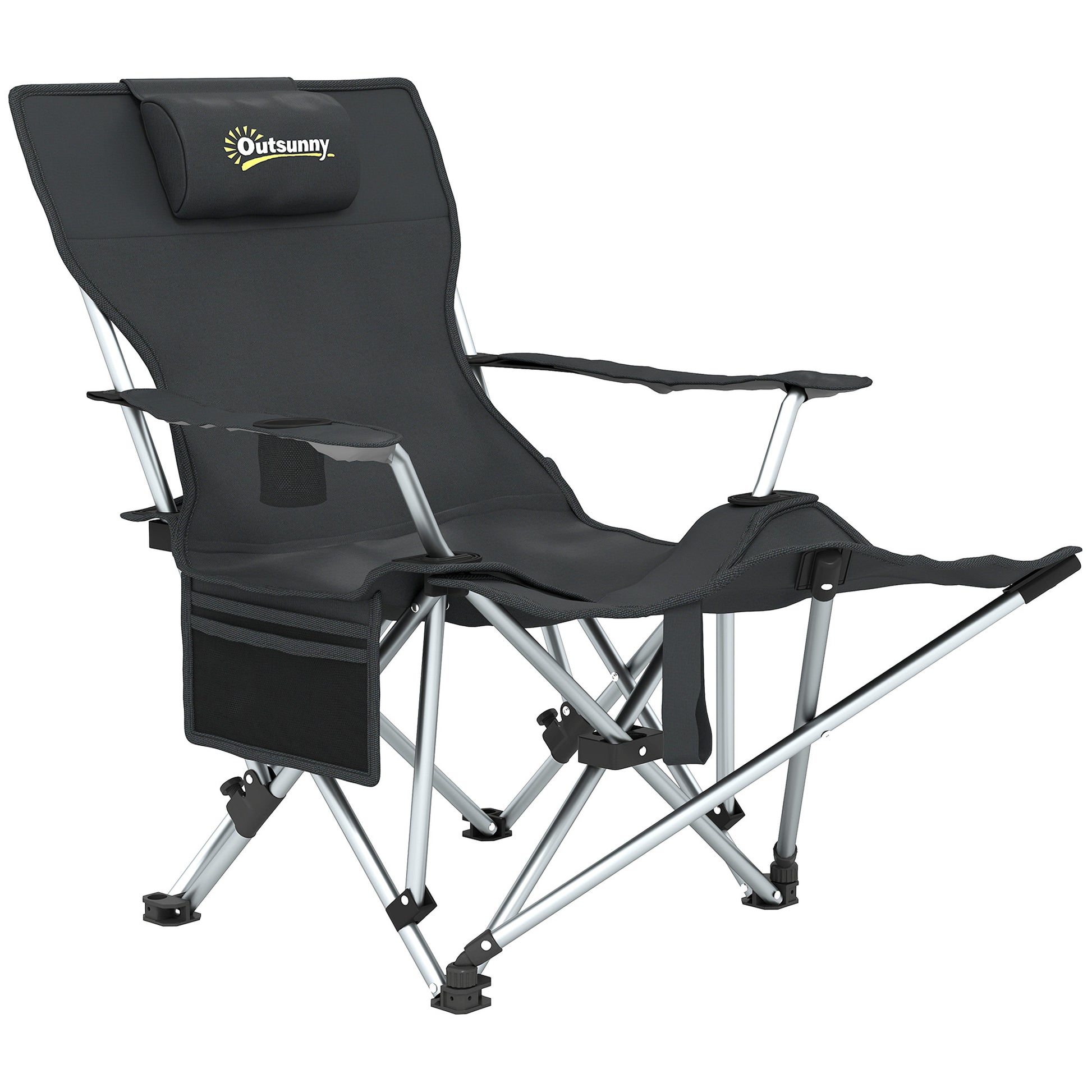 Folding Camping Chair, Fishing Chair with Removable Footrest, Headrest, Cup Holder, and Carry Bag, Lounge Chair for Outdoor Beach, Picnic, Black