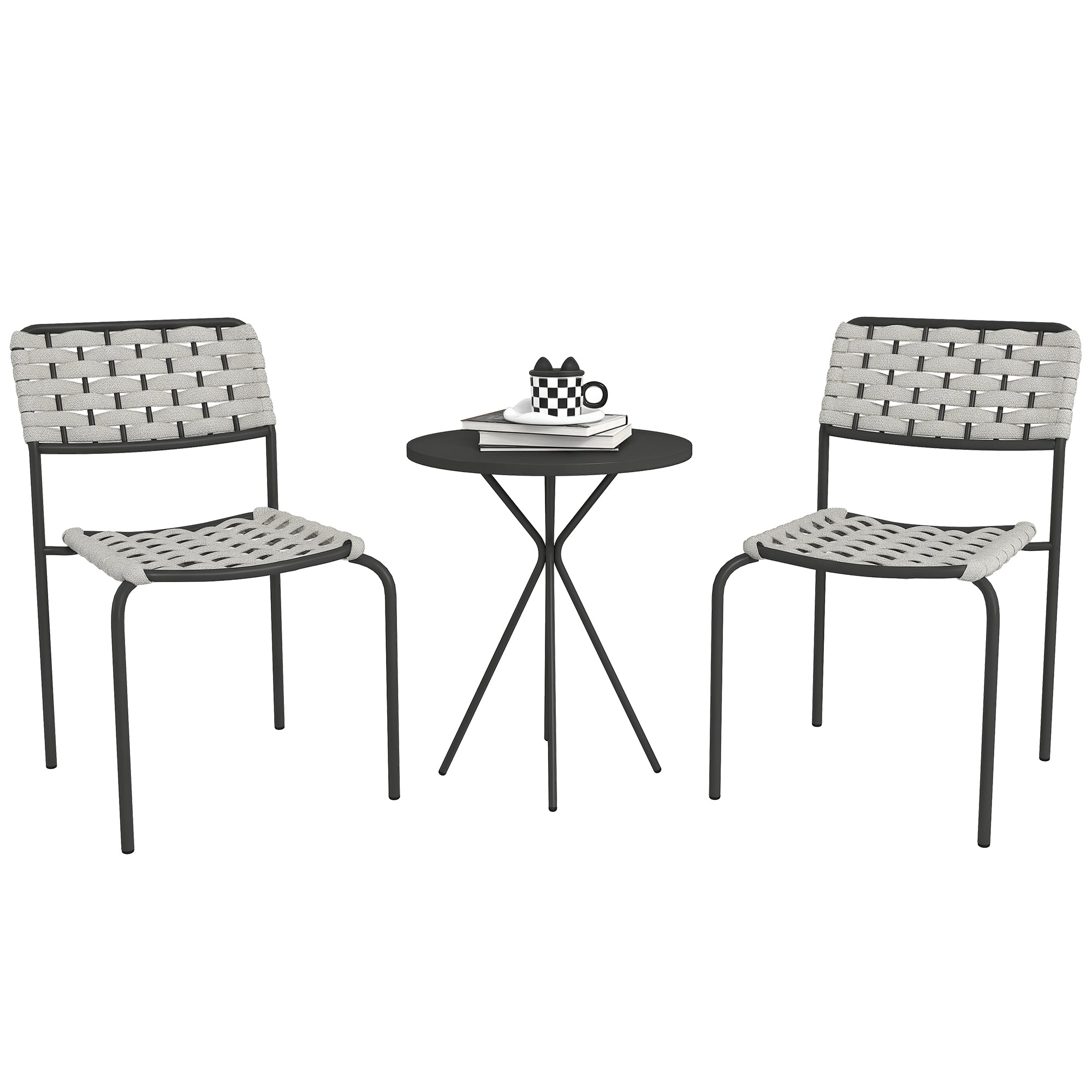 Poly Rattan Garden Furniture Set, Outdoor Lounge Balcony Furniture for 2 Persons, 3-Piece Seating Group with 2 Stackable Chairs, Table, Weatherproof Garden Lounge for Garden, Terrace, Balcony, Gray