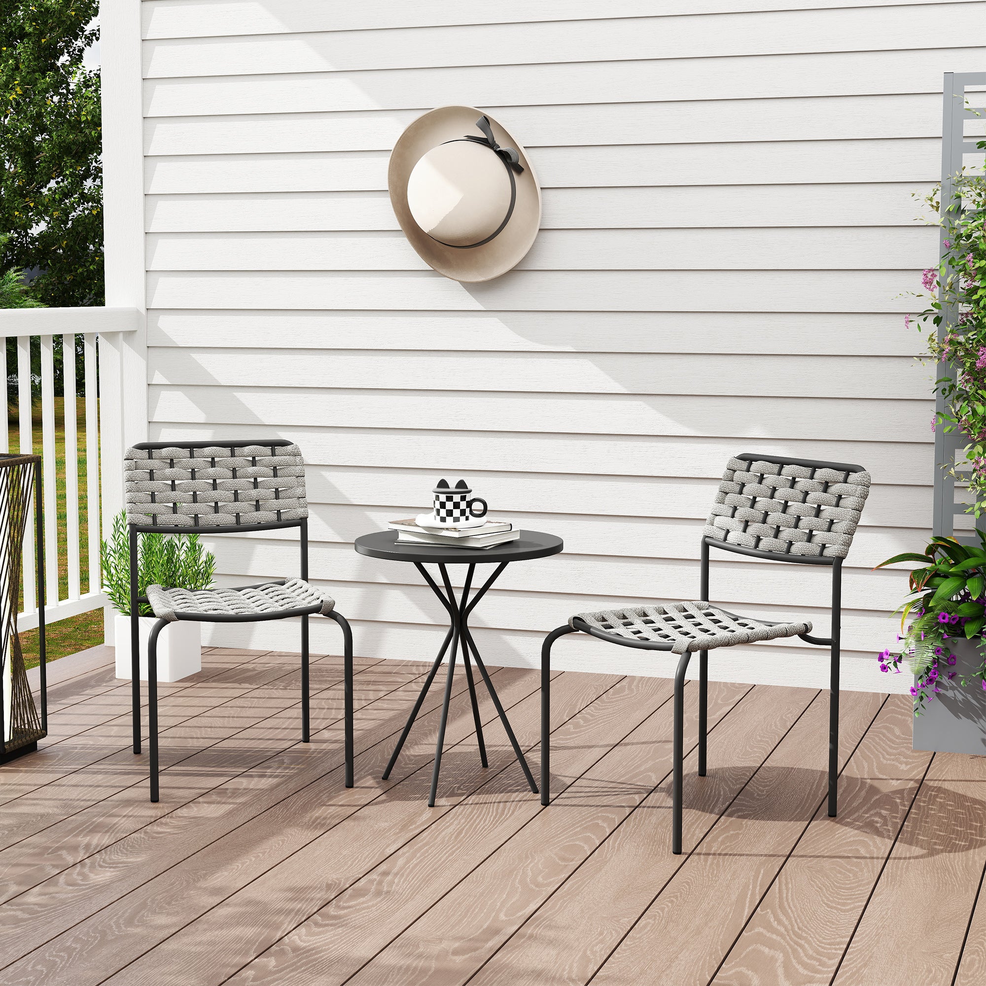 Poly Rattan Garden Furniture Set, Outdoor Lounge Balcony Furniture for 2 Persons, 3-Piece Seating Group with 2 Stackable Chairs, Table, Weatherproof Garden Lounge for Garden, Terrace, Balcony, Gray